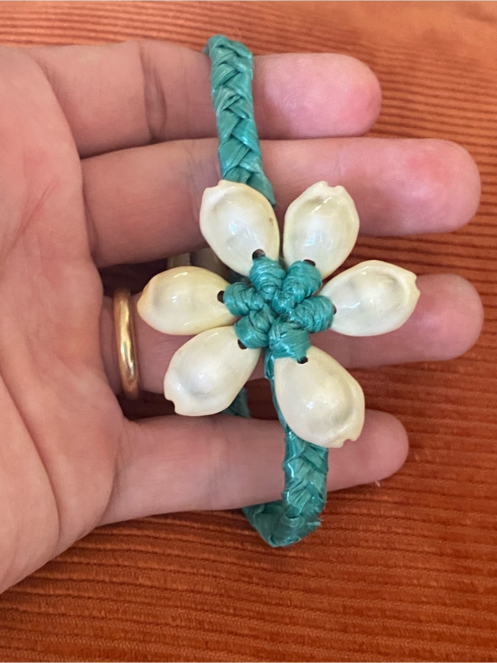 Vintage Teal Braided Bracelet with Cream Shell Flower